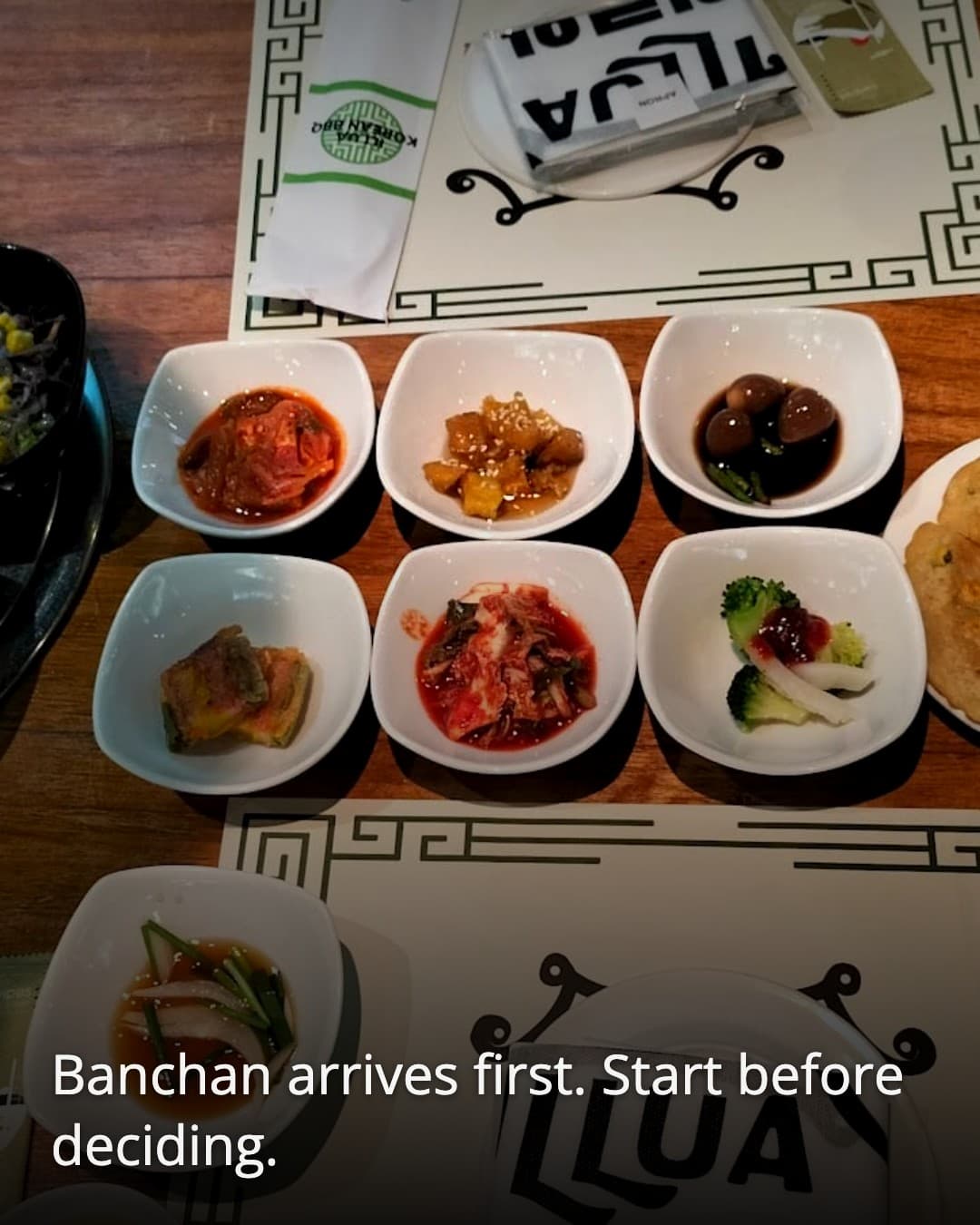 iLLua Korean BBQ Restaurant banchan spread