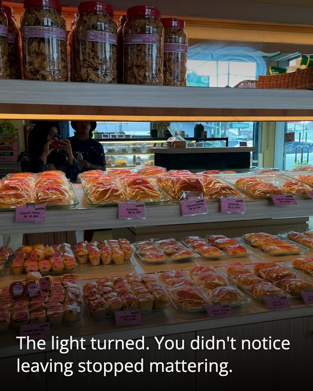 Bintaro Bakery & Cake shelves in warm light