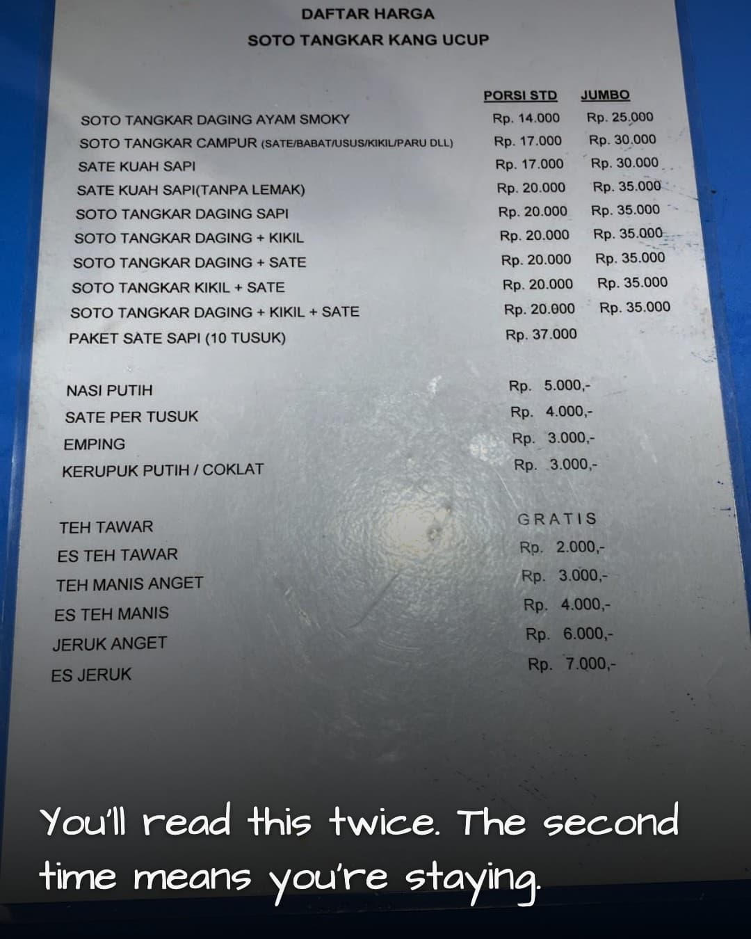 Soto Tangkar kang Ucup menu
