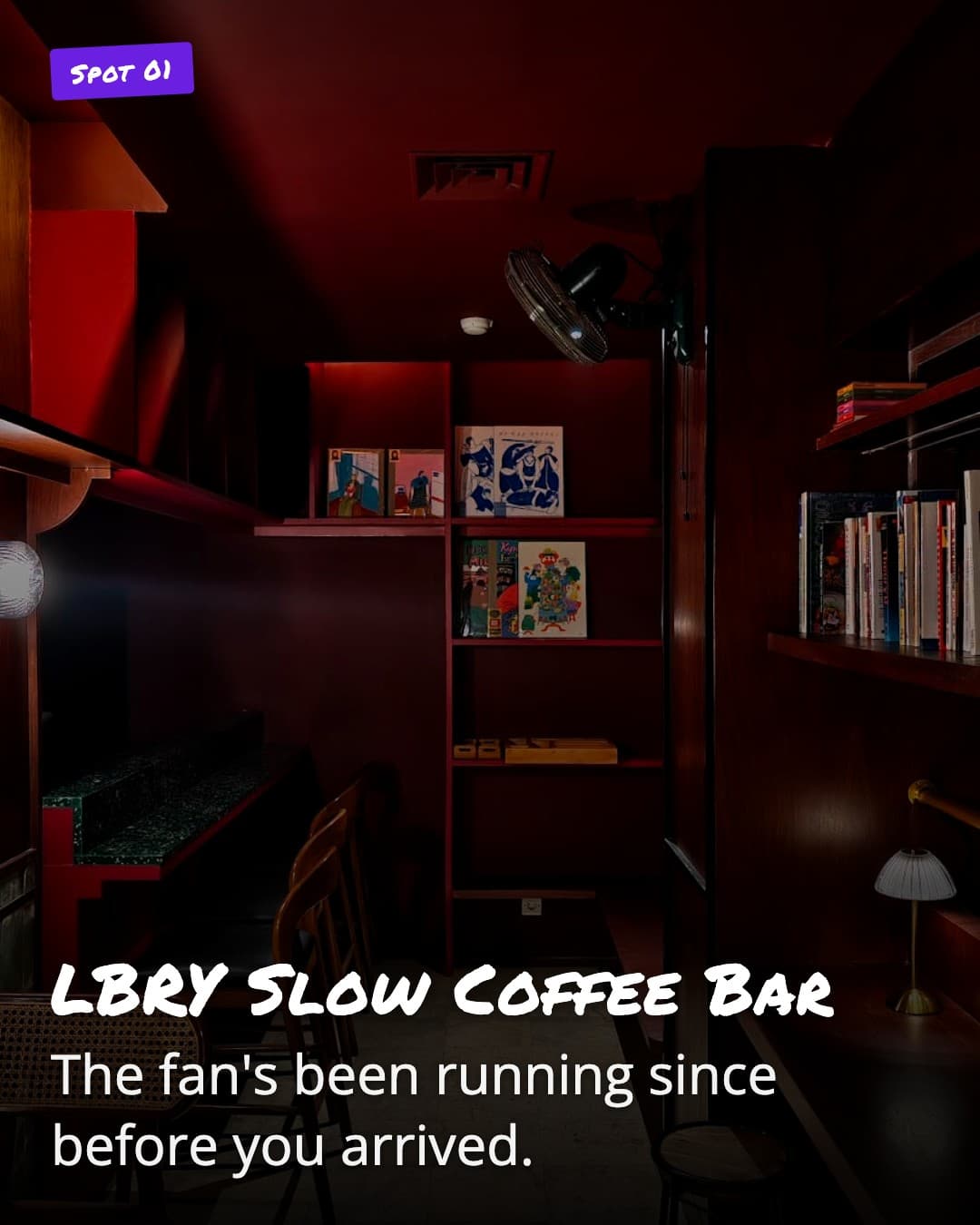 LBRY Slow Coffee Bar interior with standing fan