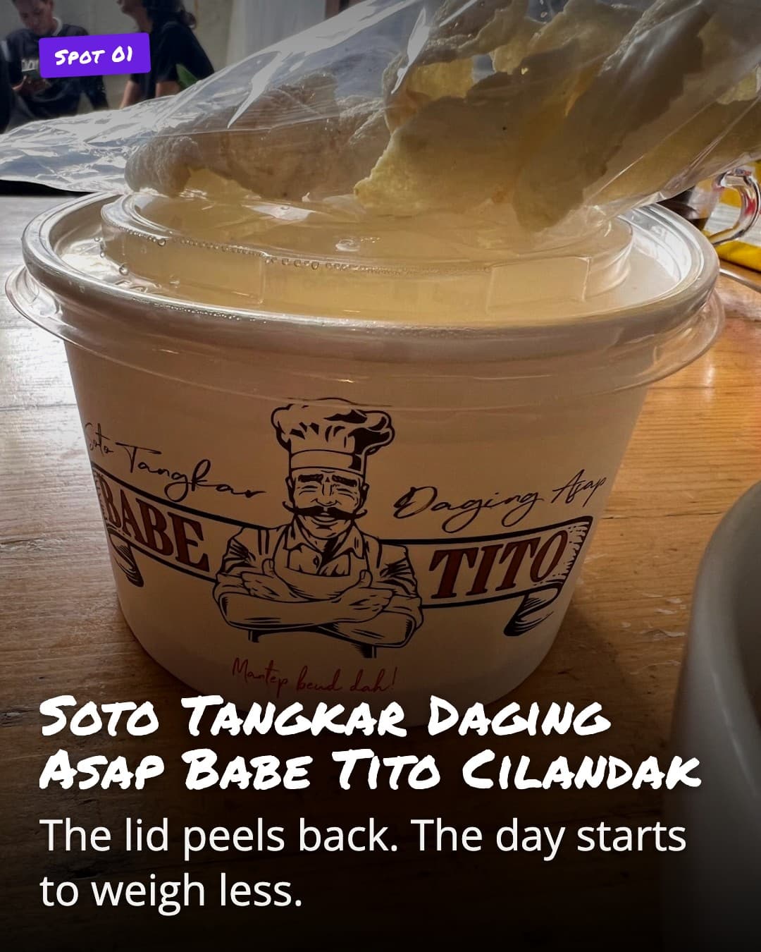 Soto Tangkar Daging Asap Babe Tito Cilandak takeout lid peeling back