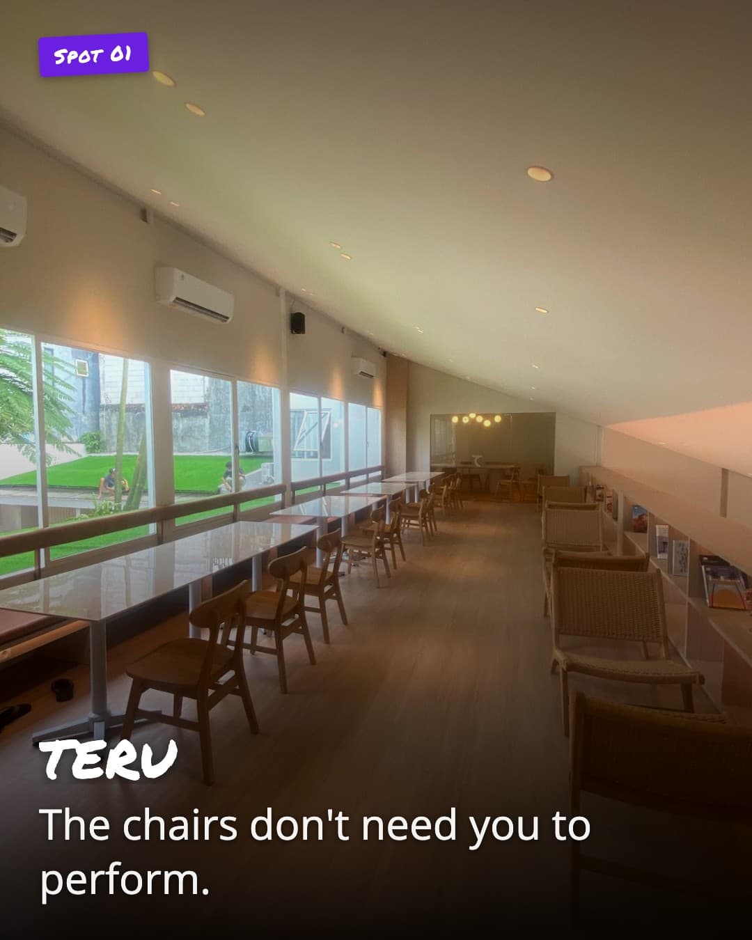 TERU empty chairs facing green outside