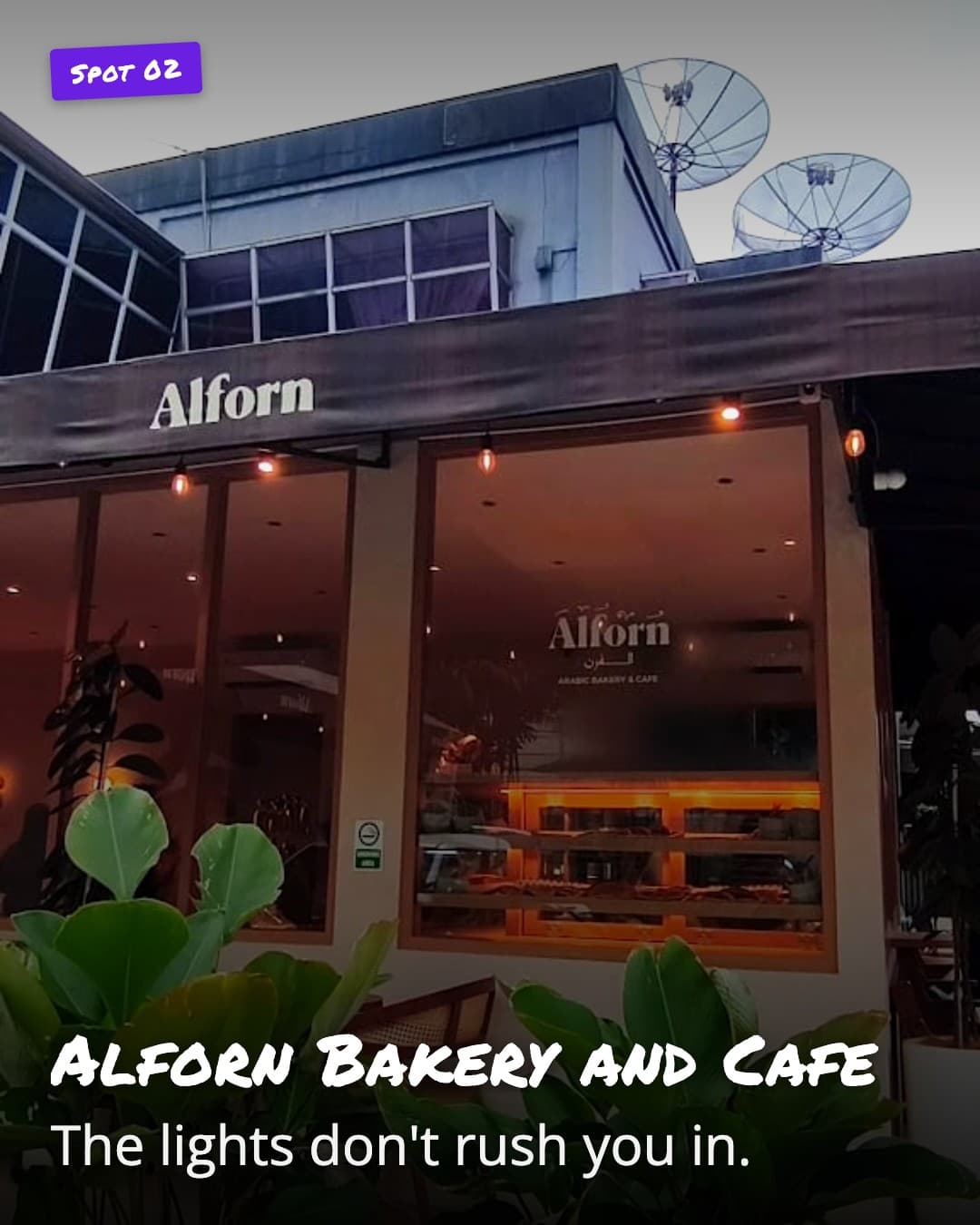Alforn Bakery and Cafe outdoor seating with string lights